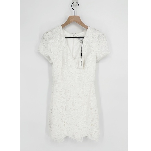 NEW Milly Atalie 3D Floral Lace Dress V-Neck Puff Sleeve in White Women's 0 - Picture 2 of 11